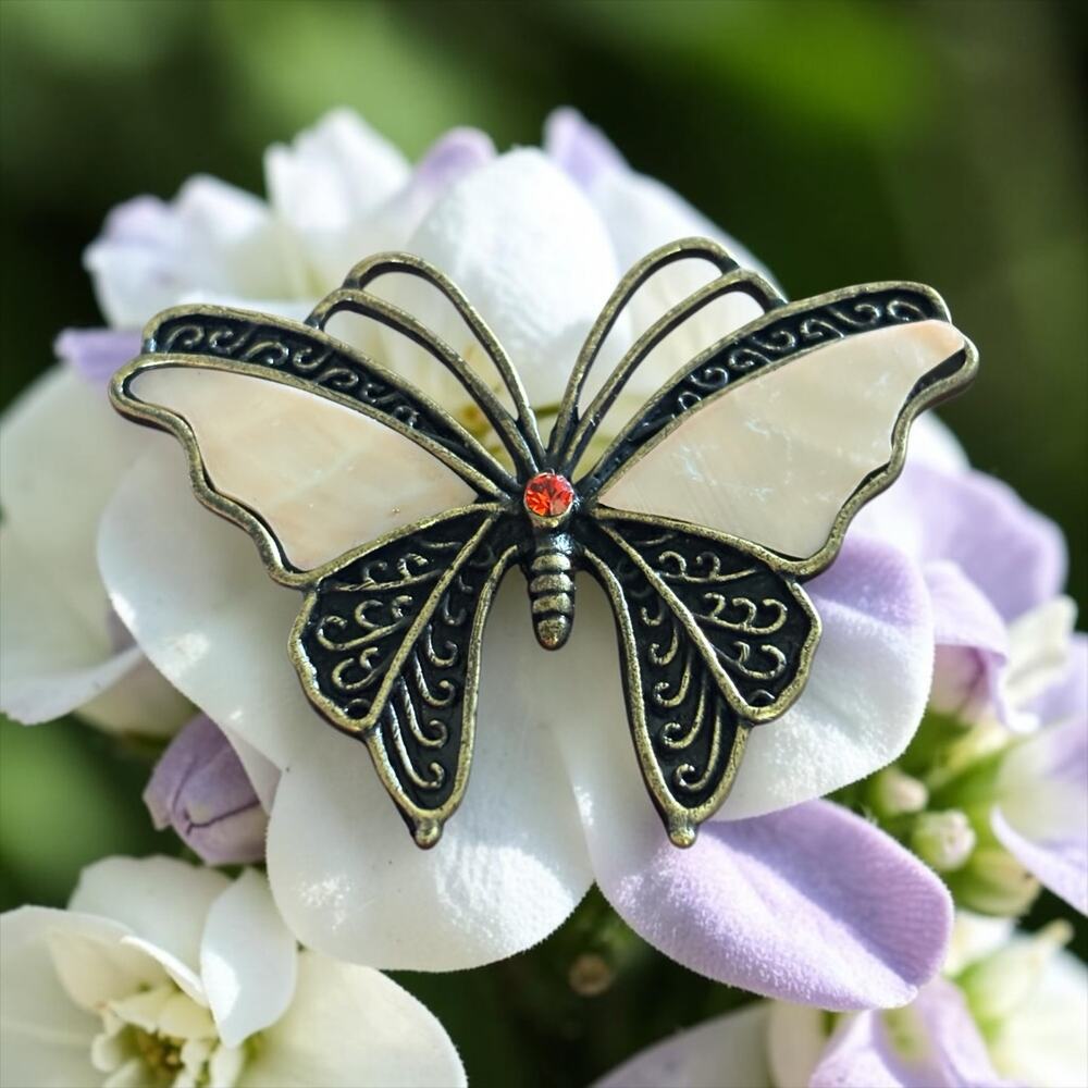 Vintage Butterfly Brooch Mother of Pearl Red Rhinestone Art Nouveau Cottagecore